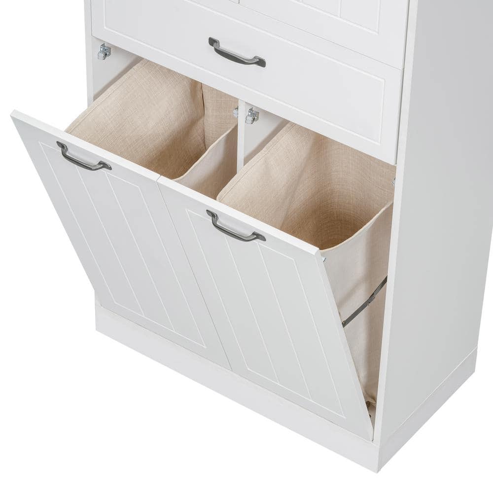 Adrinfly 29 in. W x 15.7 in. D x 65.8 in. H White Linen Cabinet with Two Laundry Baskets, Doors and Drawer (3)