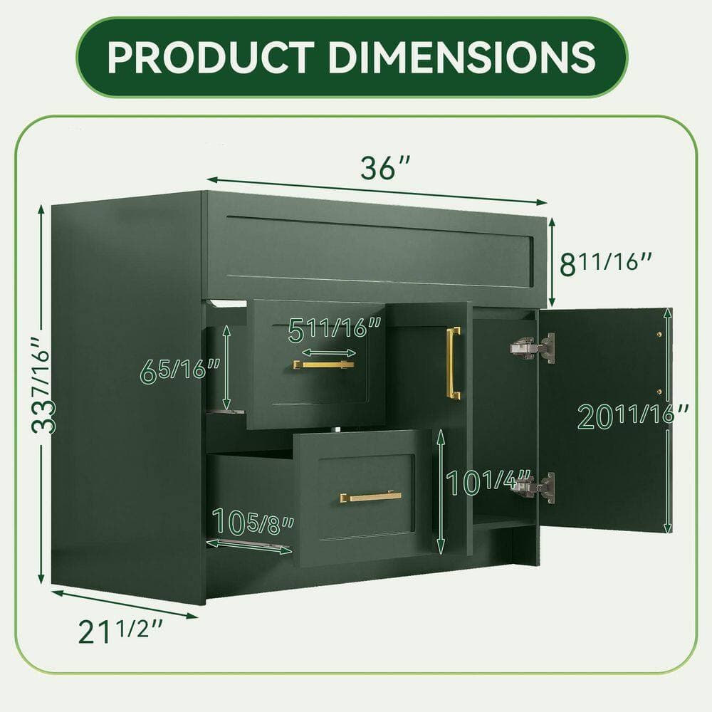 Getpro 36 in. Shaker Bath Vanity Cabinet without Top in Dark Green with Soft-Close Doors and Drawers, Brushed Gold Hardware,RTA (2)