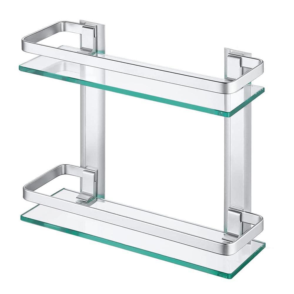 ACEHOOM 14 in. W x 5 in. D x 12 in. H Silver Wall Mount 2-Tier Bathroom Glass Floating Shelf
