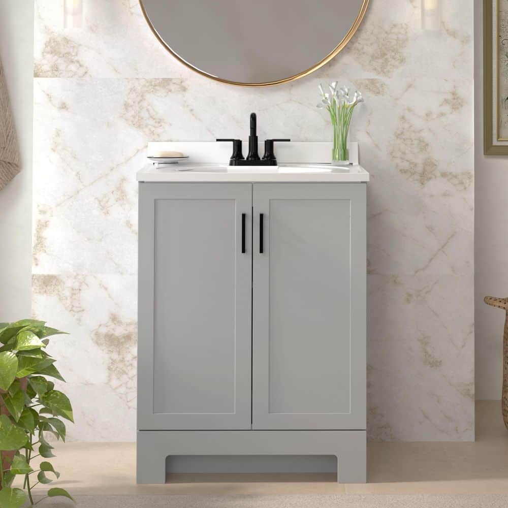 Glacier Bay Oakley 25 in. Single Sink Pearl Gray Freestanding Bath Vanity with White Cultured Marble Top (Assembled) (2)