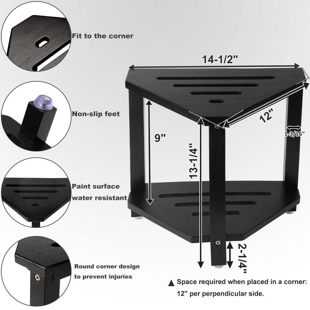 Wudkey 14.5 in. W Acacia Wood Corner Shower Stool with Storage Shelf in Black, Non-Slip, Thickened Screws, Fit for Corner (2)