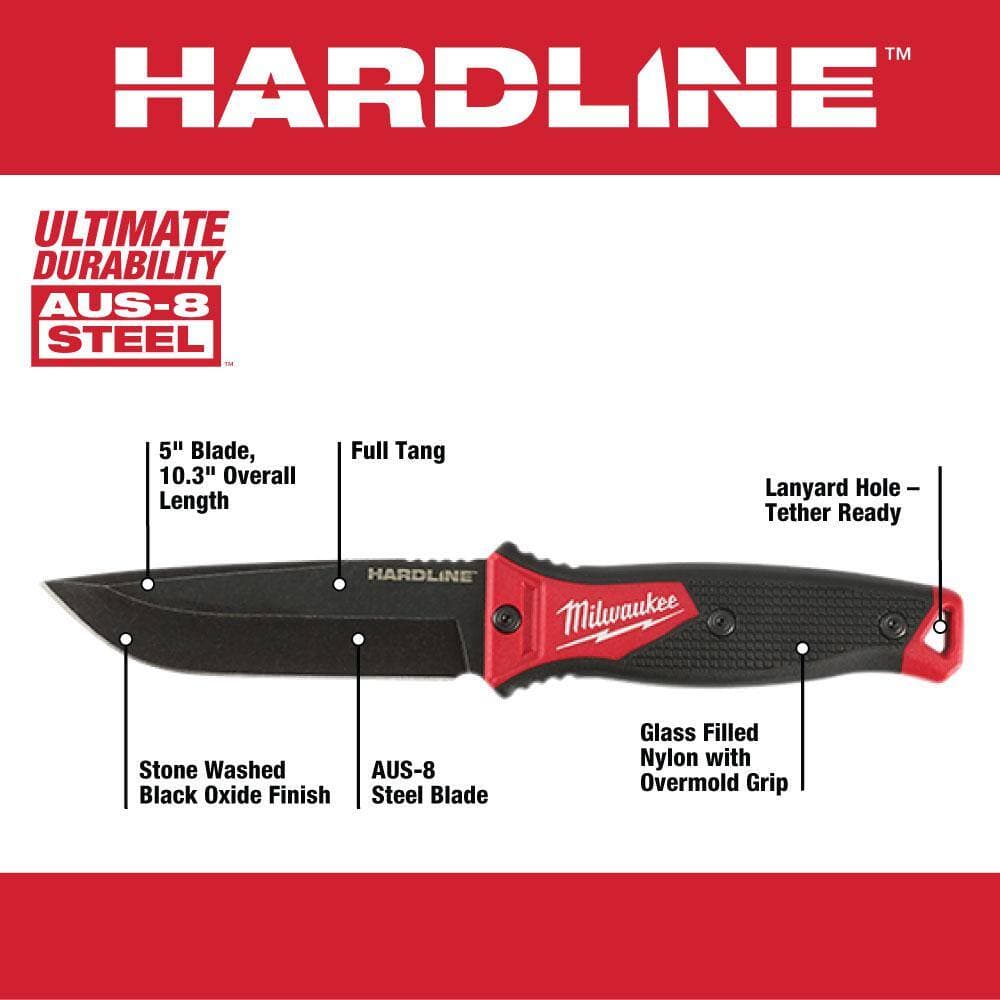 Milwaukee 3 in. Hardline D2 Steel Smooth Blade Pocket Folding Knife and 5 in. Hardline AUS-8 Steel Fixed Blade Knife (3)