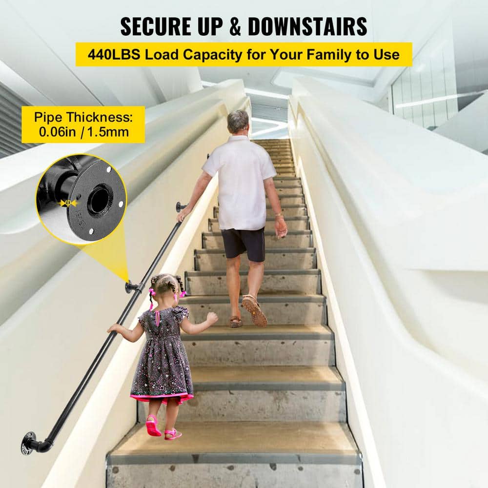 SVOPES Wall Mount Pipe Stair Handrail, 9 ft. Staircase Handrail, 106.2 in. H x 3.74 in. W, Black Carbon Steel Stair Railing Kit (2)