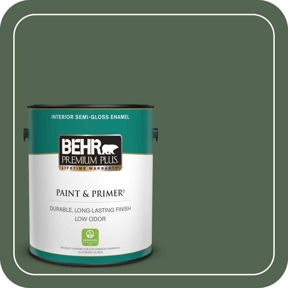 BEHR PREMIUM PLUS 1 gal. #S410-7 Equestrian Green Semi-Gloss Enamel Low Odor Interior Paint & Primer