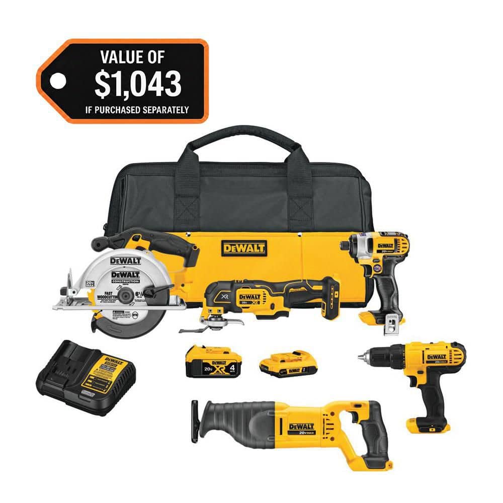 DEWALT 20V MAX Cordless 5 Tool Combo Kit with (1) 20V 4.0Ah Battery, (1) 20V 2.0Ah Battery, and Charger (1)