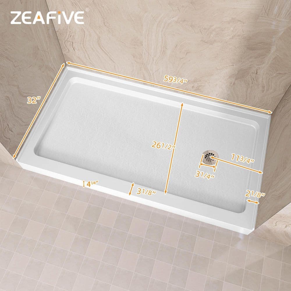 Zeafive Zeno 60 in. L x 32 in. W Acrylic Alcove Shower Pan Base with Right Drain in White Non-Slip Single Threshold Shower Tray (2)