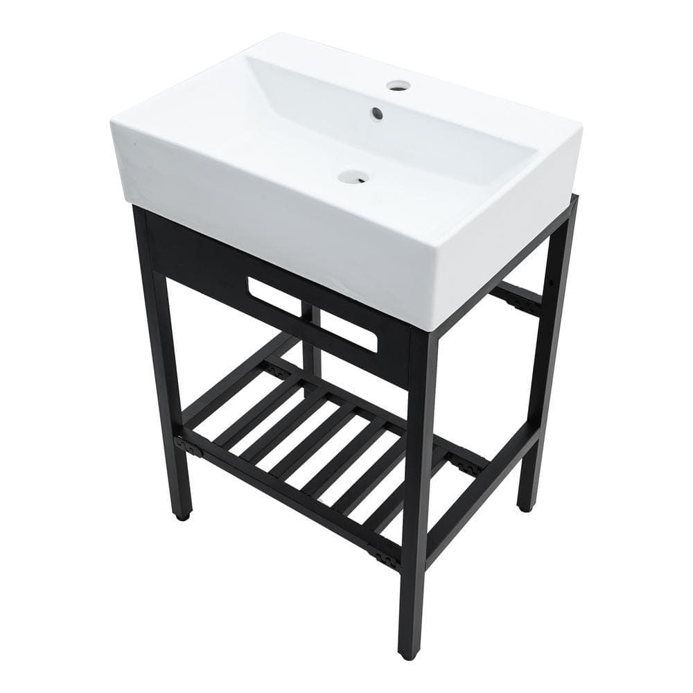 Logmey 23 in. Ceramic White Single Bowl Console Sink and Stainless Steel Base in Matte Black Combo with Overflow
