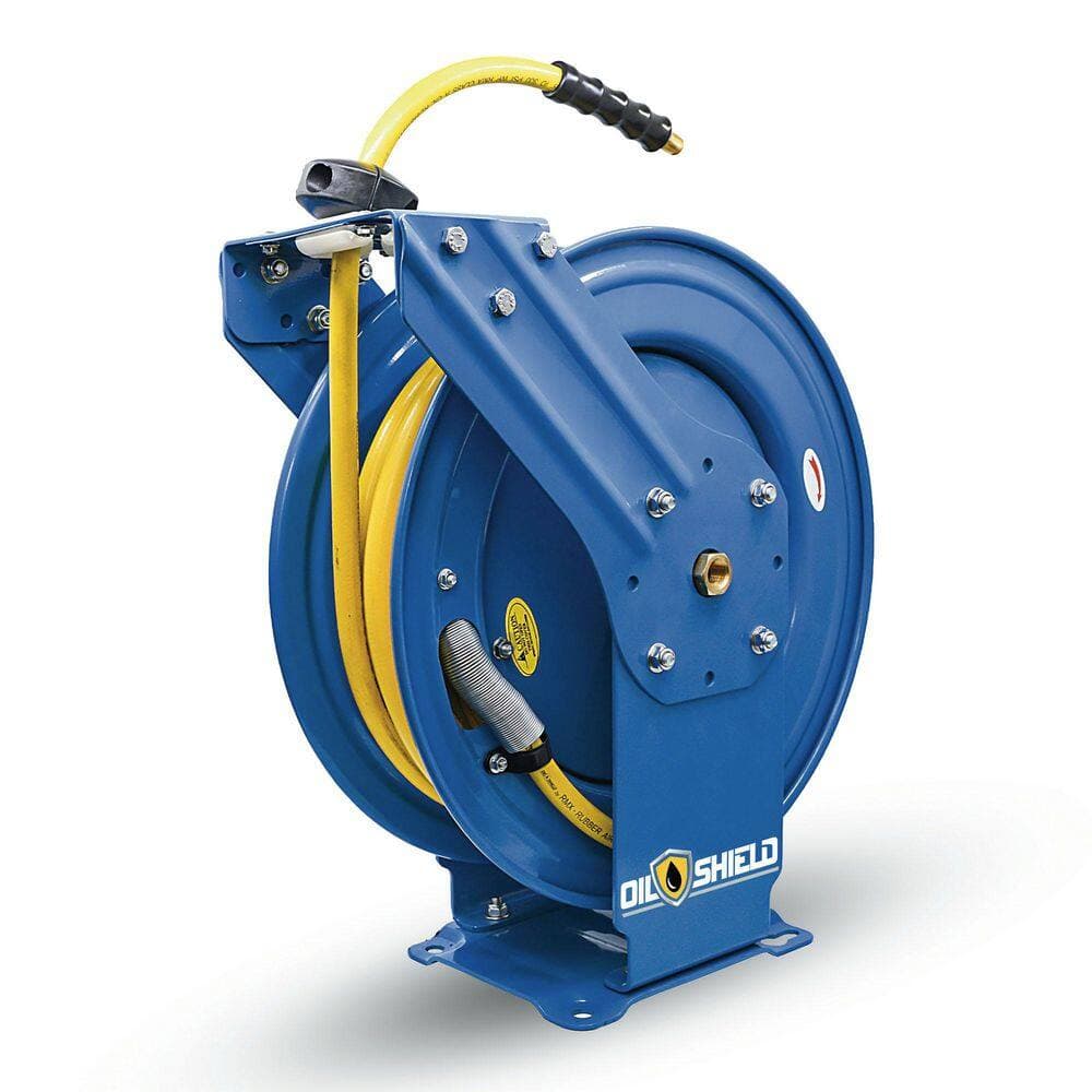 OILSHIELD 3/8 in. x 100 ft. Heavy Duty Rubber Air Hose and Dual Arm Powder-Coated Steel Hose Reel (2)