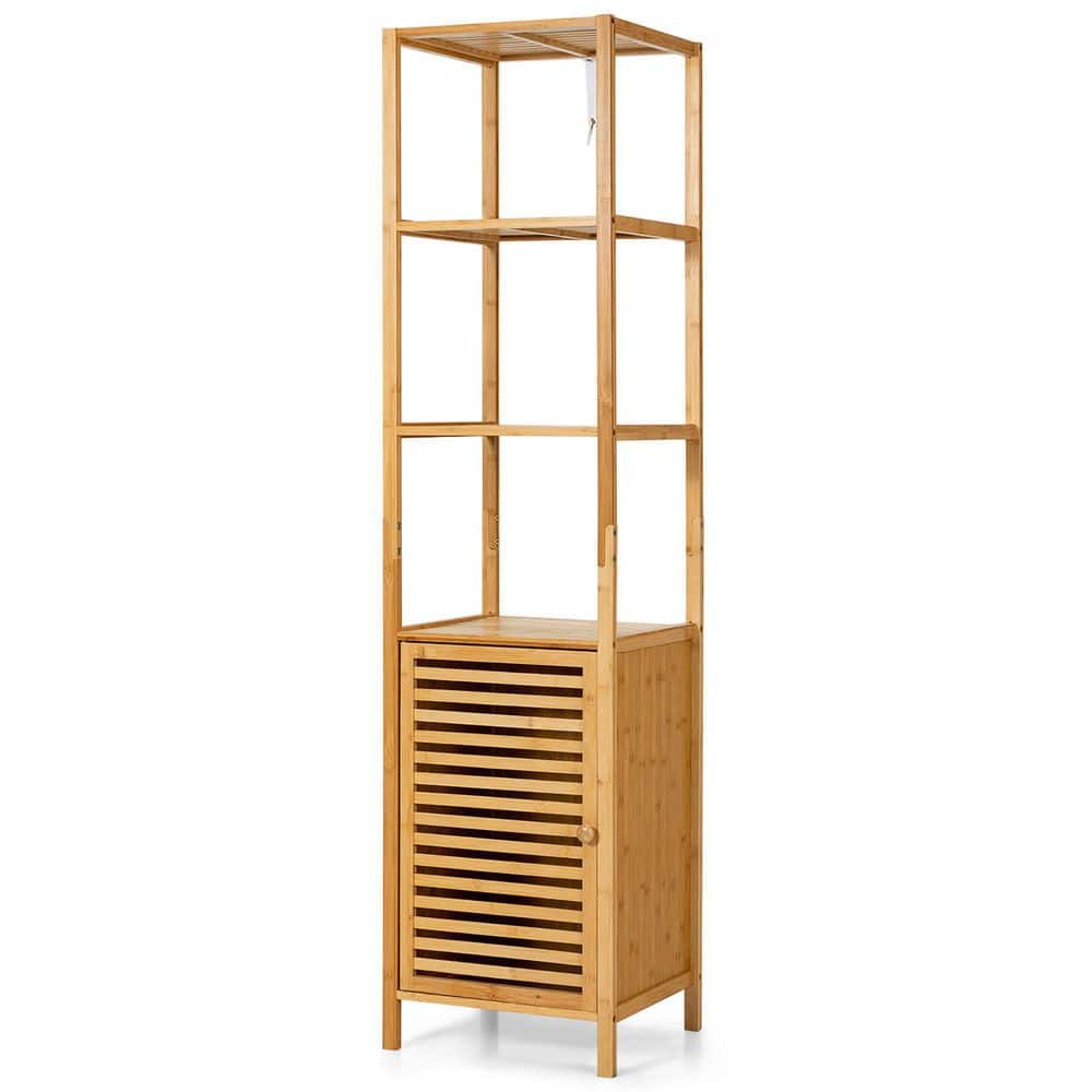 Costway 4 Tiers 15.5 in. W x 14.5 in. D x 65 in. H Beige Bamboo Freestanding Linen Cabinet Bathroom Floor Cabinet (1)