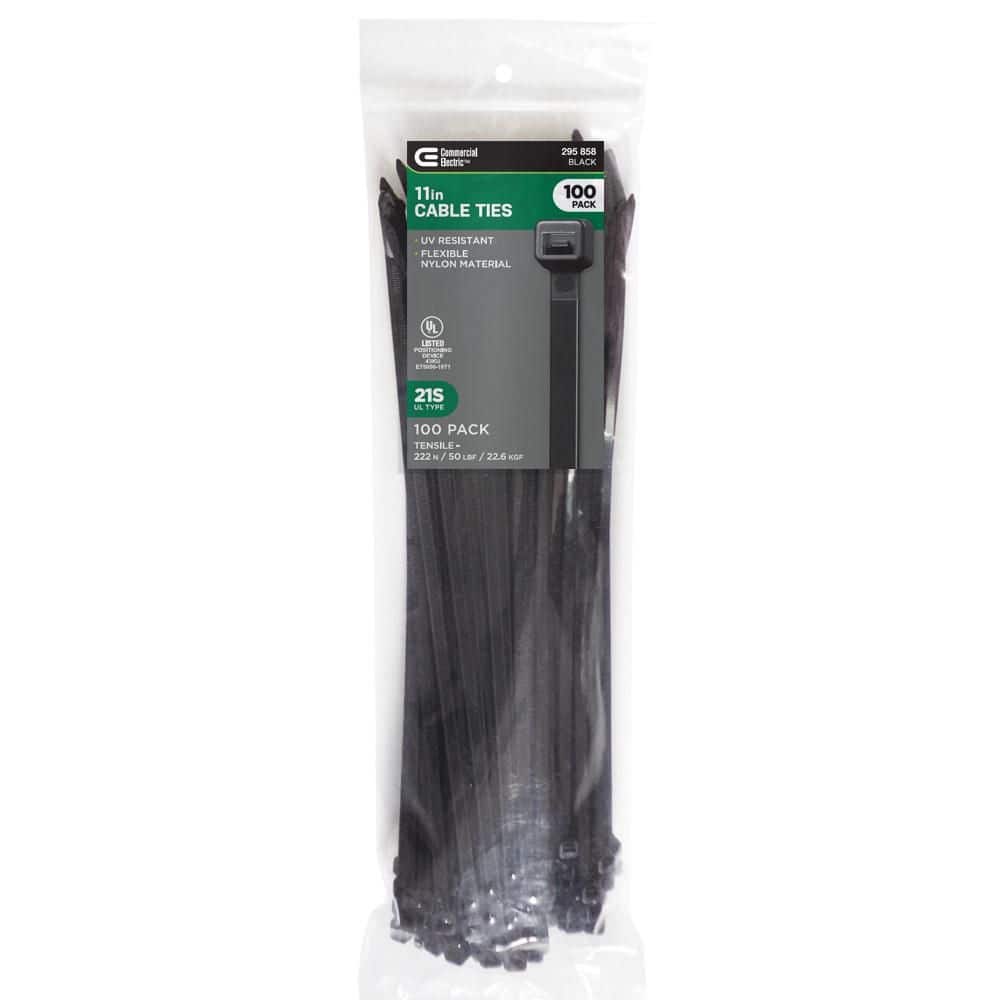 Commercial Electric 11in Standard 50lb Tensile Strength UL 21S Rated Cable Zip Ties 100 Pack UV (Black)