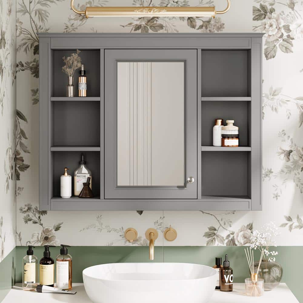 Sudzendf 35.03 in. W x 7.32 in. D x 27.50 in. H Bathroom Storage Wall Cabinet, Medicine Cabinet in Gray with Mirror (2)