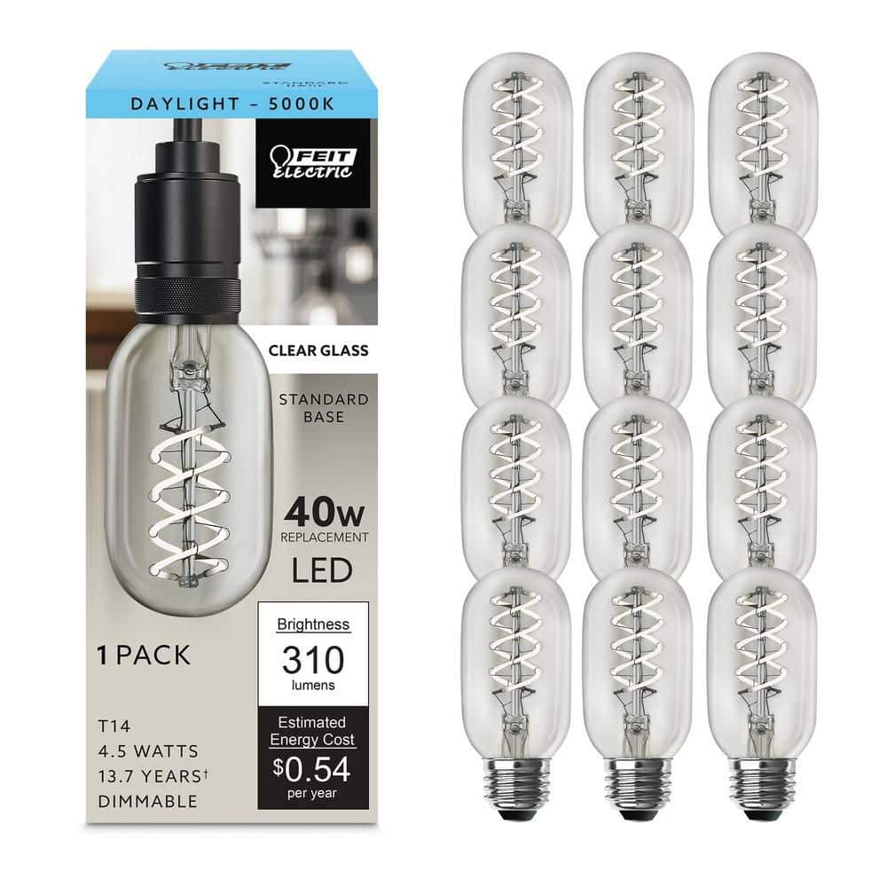 Feit Electric 40-Watt Equivalent T14 Dimmable Spiral Filament Clear Glass E26 Vintage Edison LED Light Bulb, Daylight (12-Pack)