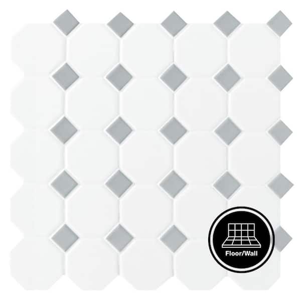 Daltile Octagon and Dot Matte White with Gray Dot 12 in. x 12 in. Glazed Ceramic Mosaic Tile (1 sq. ft./each) (2)