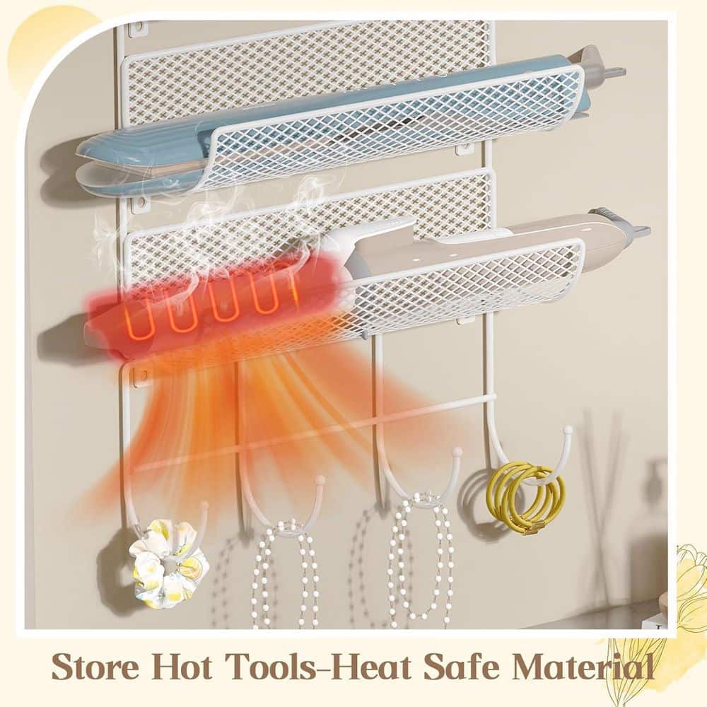 Numhew Multi-Functional Series Wall-Mounted, Door-Hanging Hair Tool Organizer, Wire Basket with Hook Heat Safe Rack, in White (2)