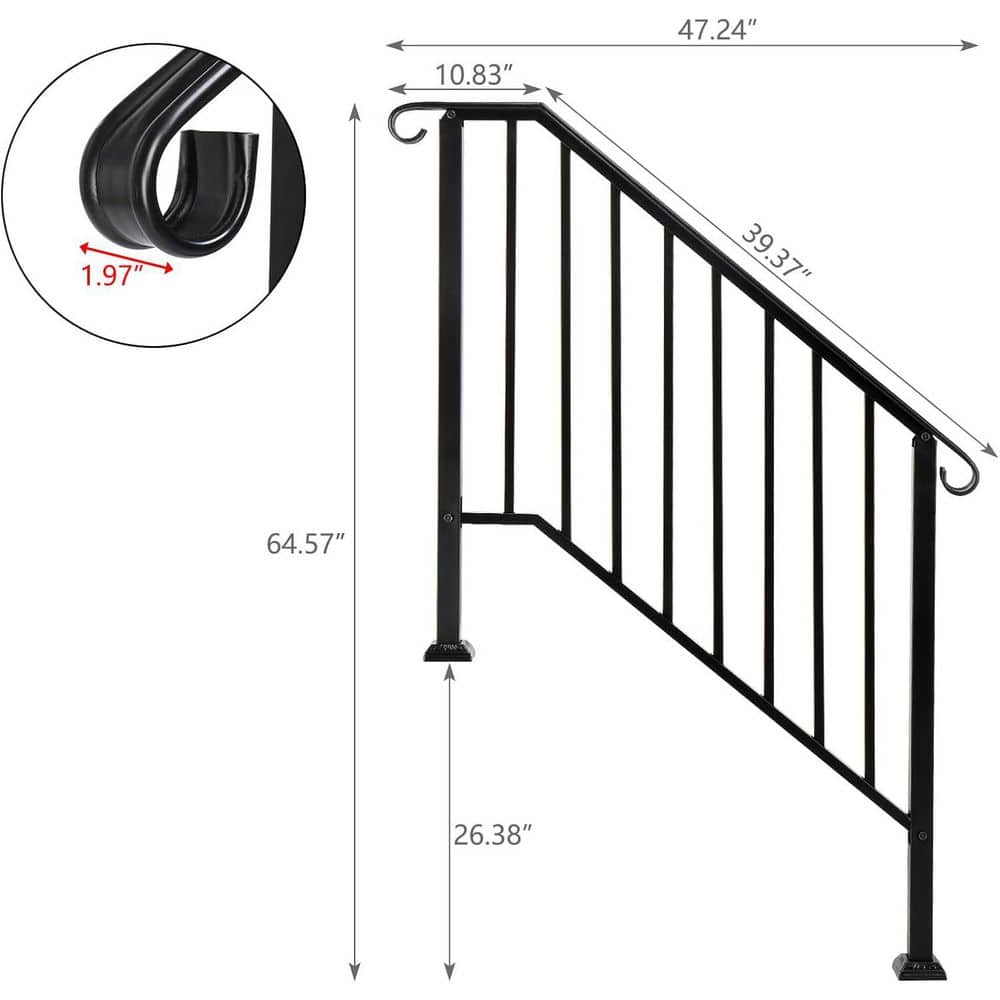 Afoxsos Wrought Iron Handrail for Outdoor Steps Fits 3 or 4 Steps Black Stair Railing for Concrete or Wooden Stairs (3)