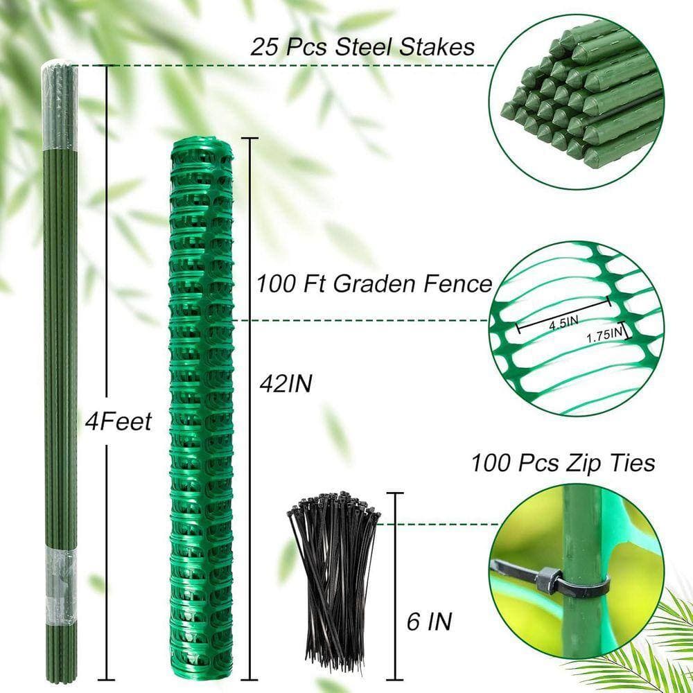 KIWDZFU 4 x 100 Temporary Plastic Snow Fence with Stakes Garden Fencing Roll Reusable Safety Barrier for Lawn and Pool Use (3)
