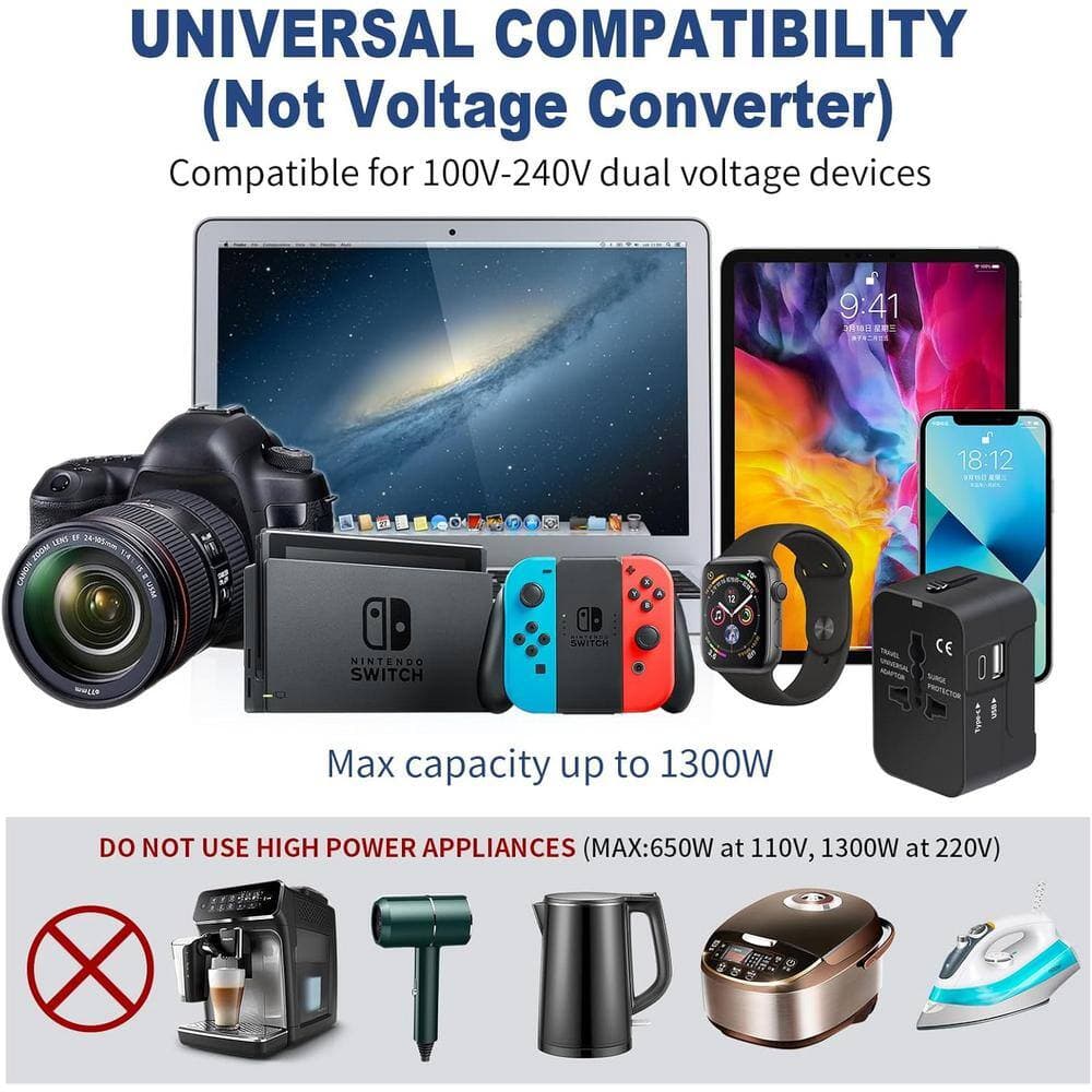 Lukyamzn 1-Outlet Surge Protector Universal Travel Plug Adapter with 1 USB-C Port and 1 USB-A Port for Phones and Laptops, Black (3)
