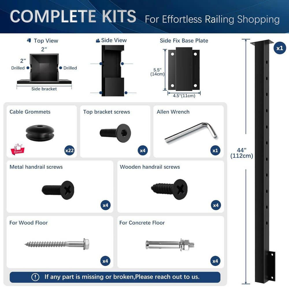 Afoxsos 2 in. Cable Railing Post 44in Black Stainless Steel Space-Saving Fascia Mount Rail Kit Indoor Outdoor Deck Post (3)
