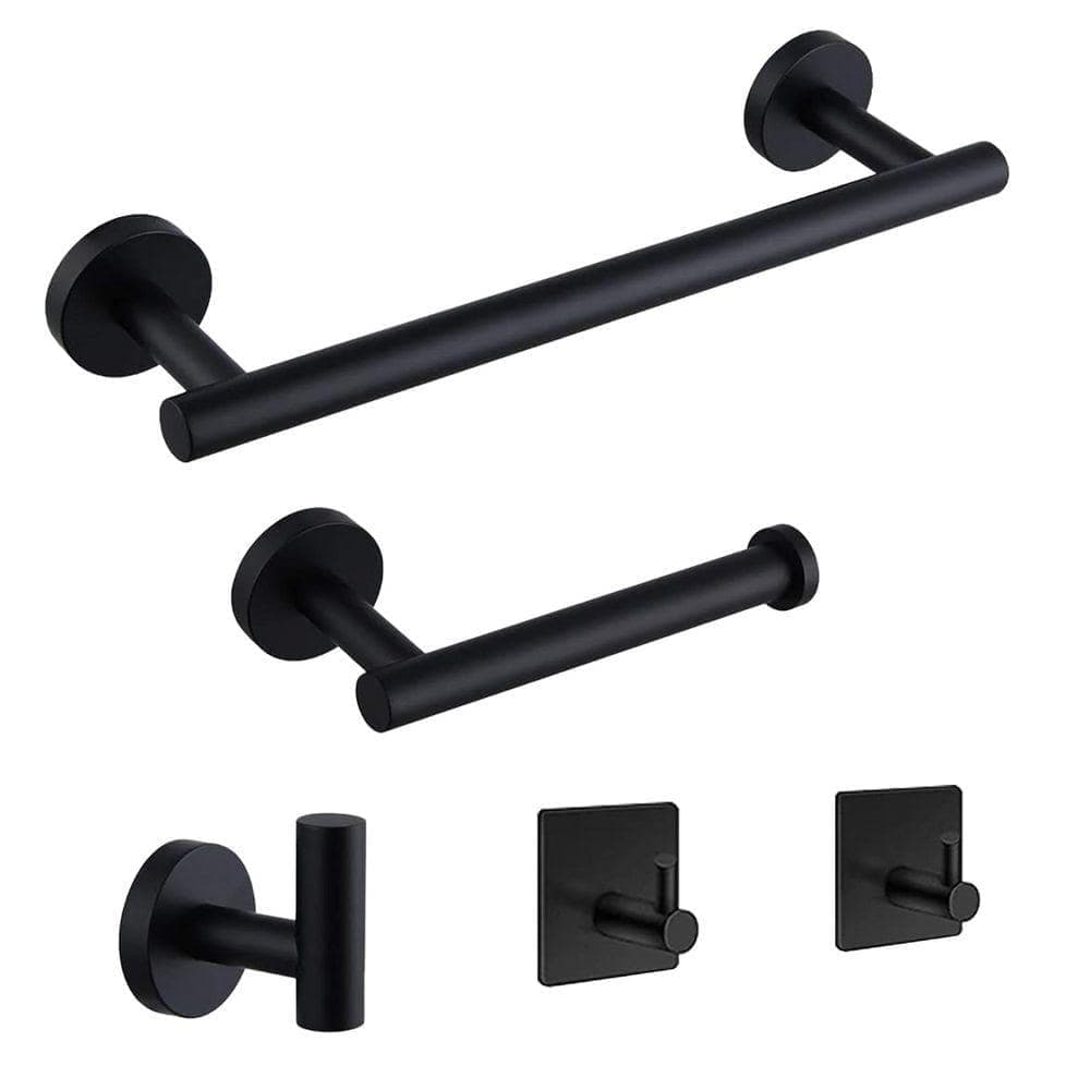 JFVKAF 5-Piece Bathroom Hardware Set with Towel Bar, Toilet Paper Holder, 3 Robe Hooks in Matte Black (1)