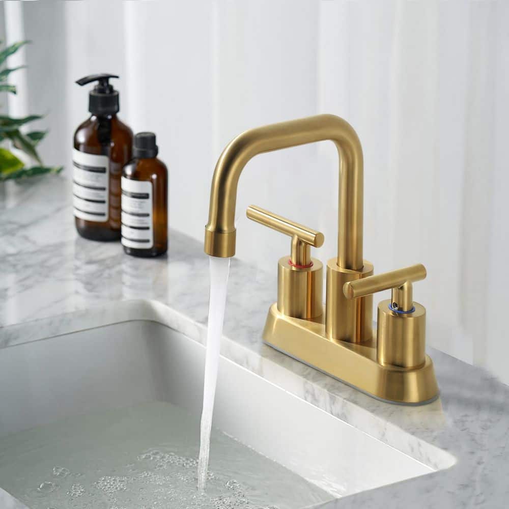 WOWOW 4 in. Centerset Double Handle 360° Rotation Spout Bathroom Faucet with Drain Kit Included in Gold (3)
