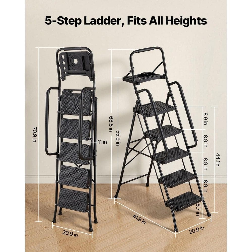 VEVOR 5 Step Ladder, Folding Step Stool with Wide Anti-Slip Pedal, Tool Tray, Dual Side Handrails, 600 lbs. Load Steel Ladder (2)