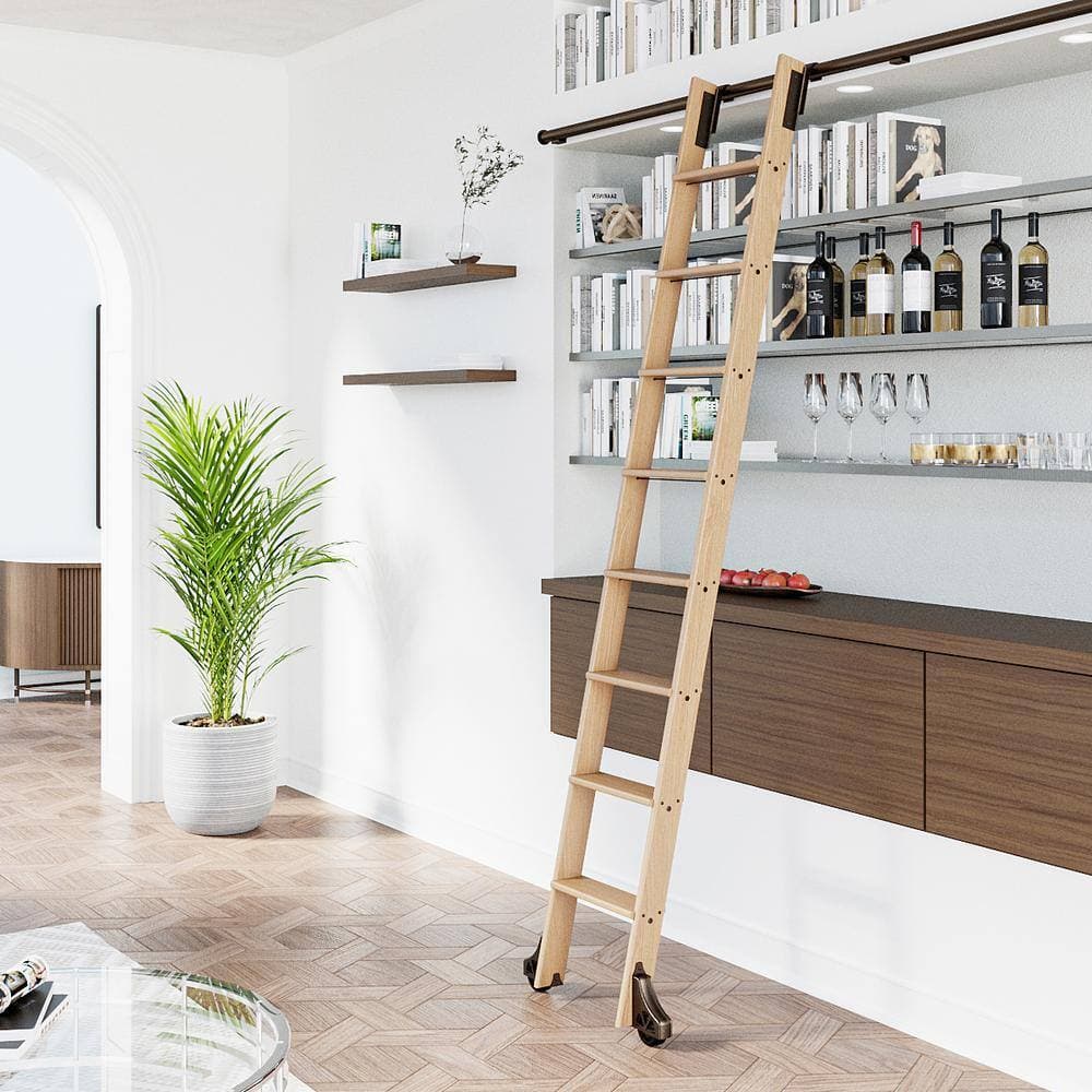 MEADOW LANE 107 in. Un-Finished Red Oak Library Ladder (119 in. Reach) Bronze Top Hook Ladder Kit with 12 ft. Rail (1)