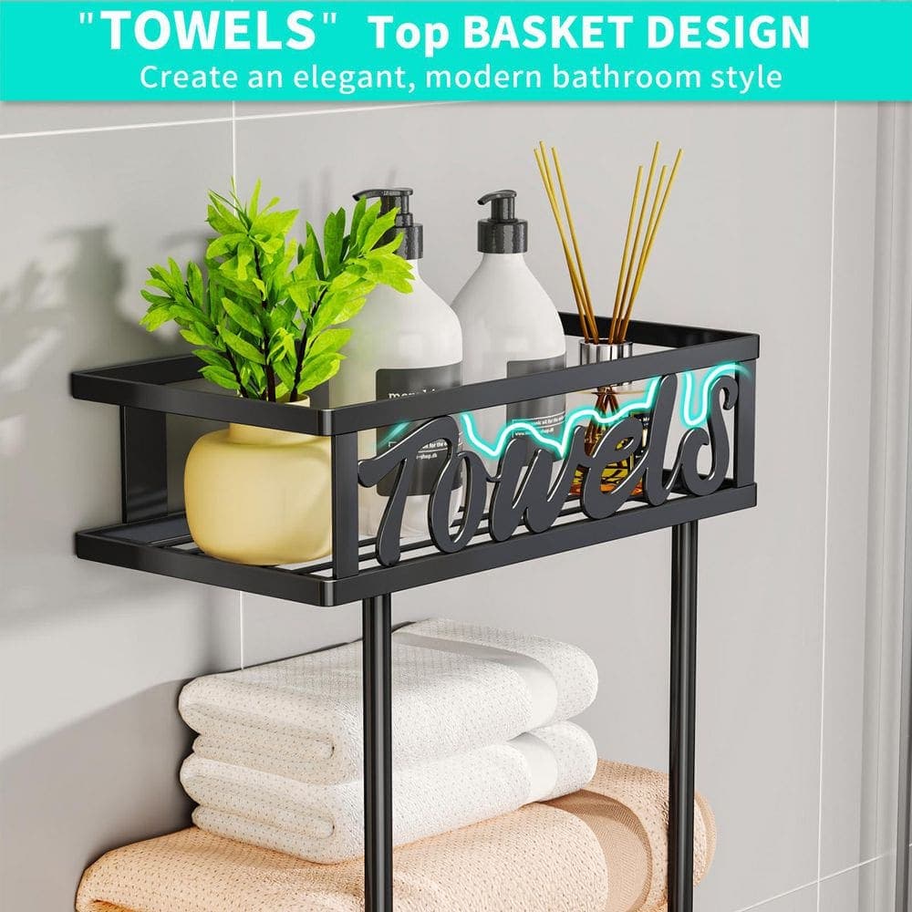 Anqtovp Towel Rack 3 Tier Towel Holder in Black Over the Door and Wall Mounted Bath Accessory with Metal Shelf and 6 Hooks (2)
