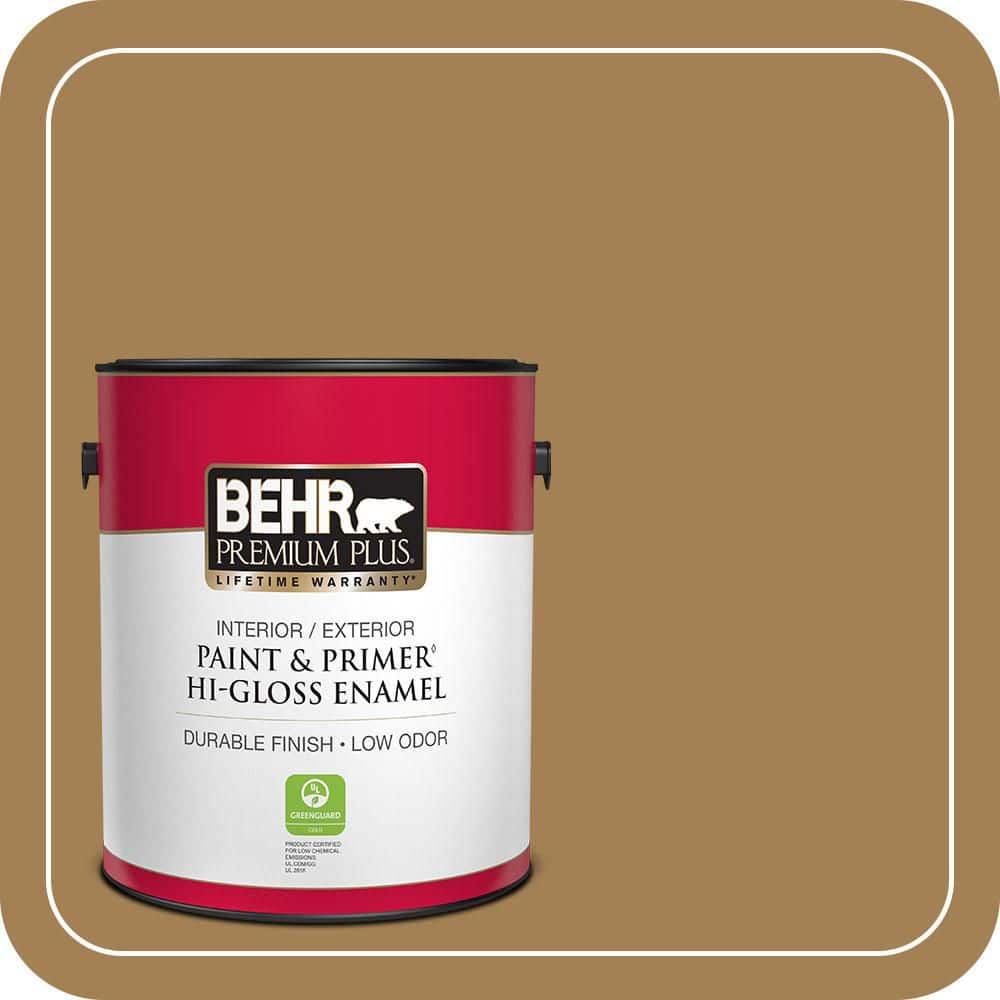 BEHR PREMIUM PLUS 1 gal. #MQ2-14 Lavish Gold Hi-Gloss Enamel Interior/Exterior Paint & Primer