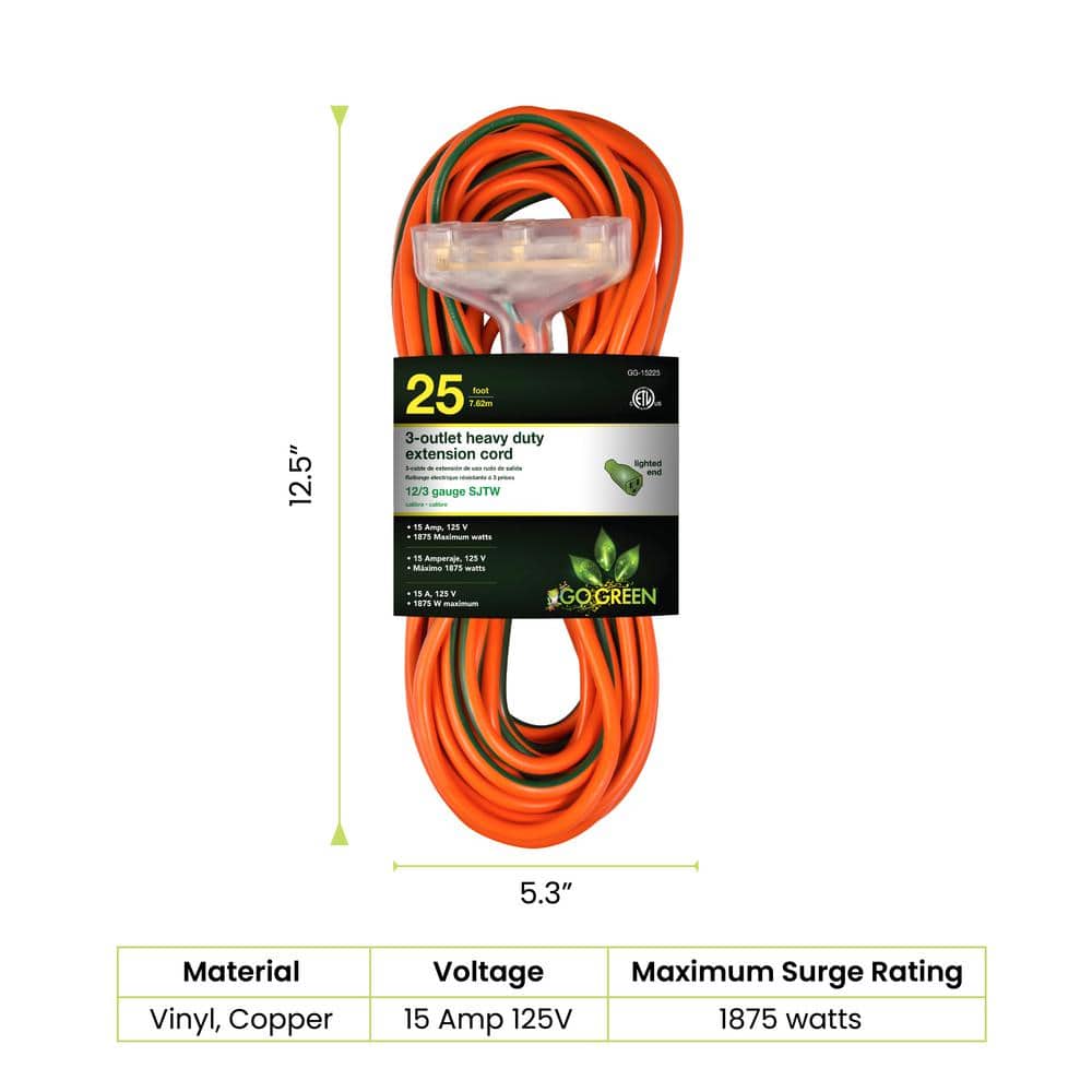 GoGreen Power 3-Outlet 12/3 Heavy Duty Extension Cord (2)