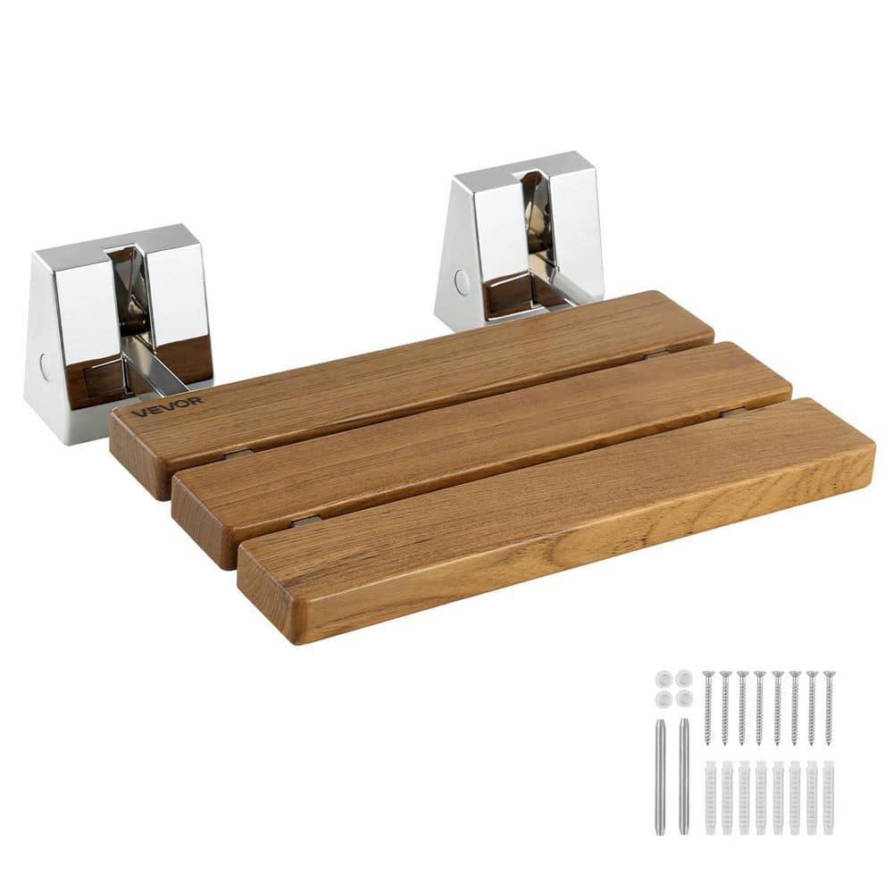 VEVOR Foldable Shower Seat Wall Mounted, 15.7 in. Teak Folding Bench, 330lbs. Bathroom Seat, Stainless Steel Frame, Waterproof