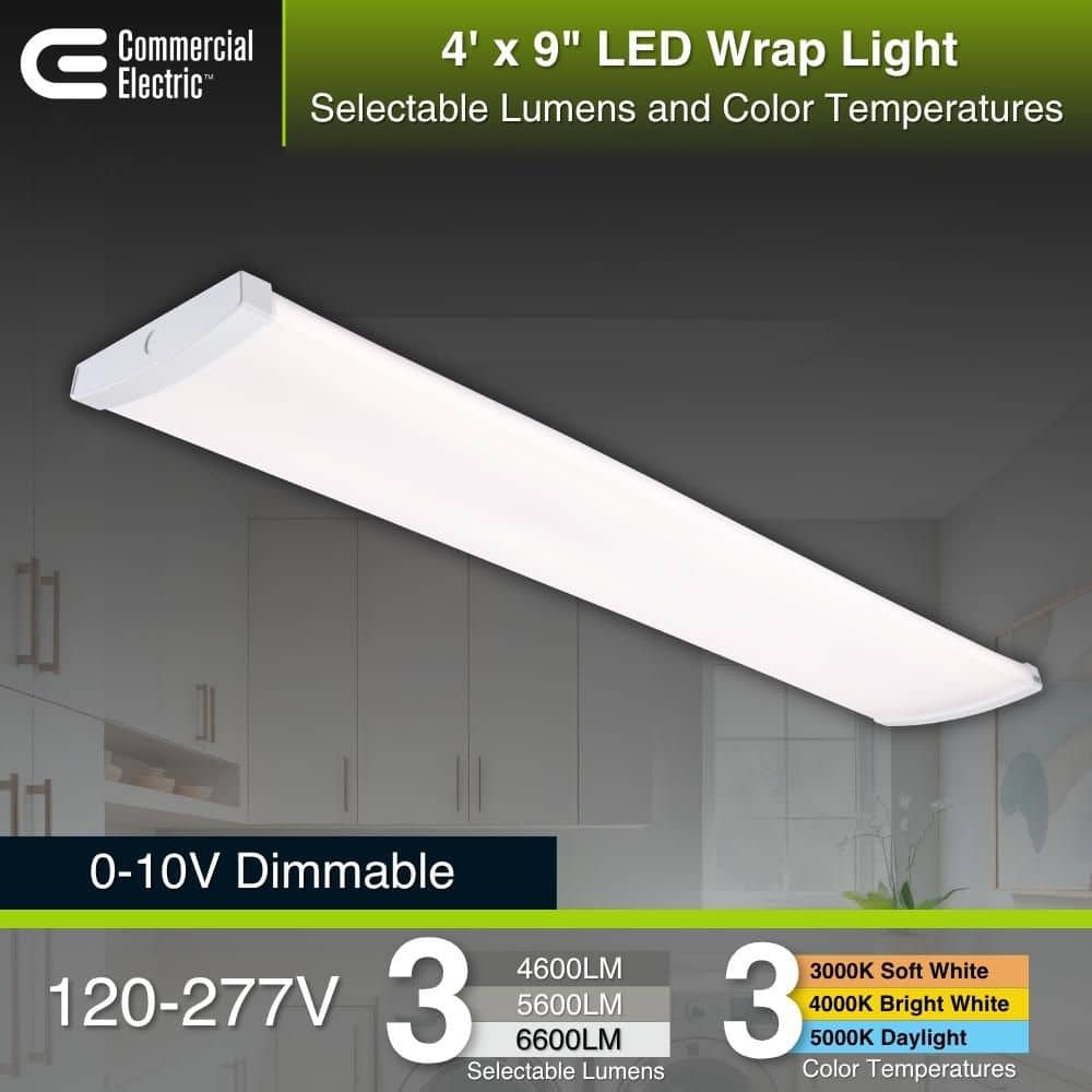 Commercial Electric 1-Pack 4 ft. x 9 in. 4600/5600/6600 Lumens Integrated LED White Commercial Wraparound Light Selectable CCT 120-277V (4)