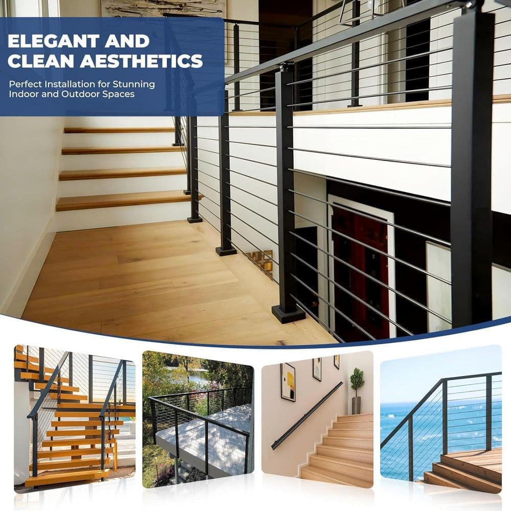 KIWDZFU 2.36 in. H x 96 in. W Black Aluminum Rectangular Handrail, Coastal Projects, DIY, Stair Railing Kit, 8 Nylon End Caps (2)