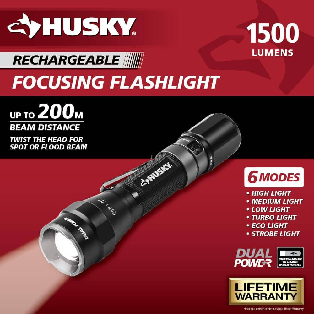 Husky 1500 Lumens Dual Power LED Rechargeable Tactical Focusing Flashlight (3)