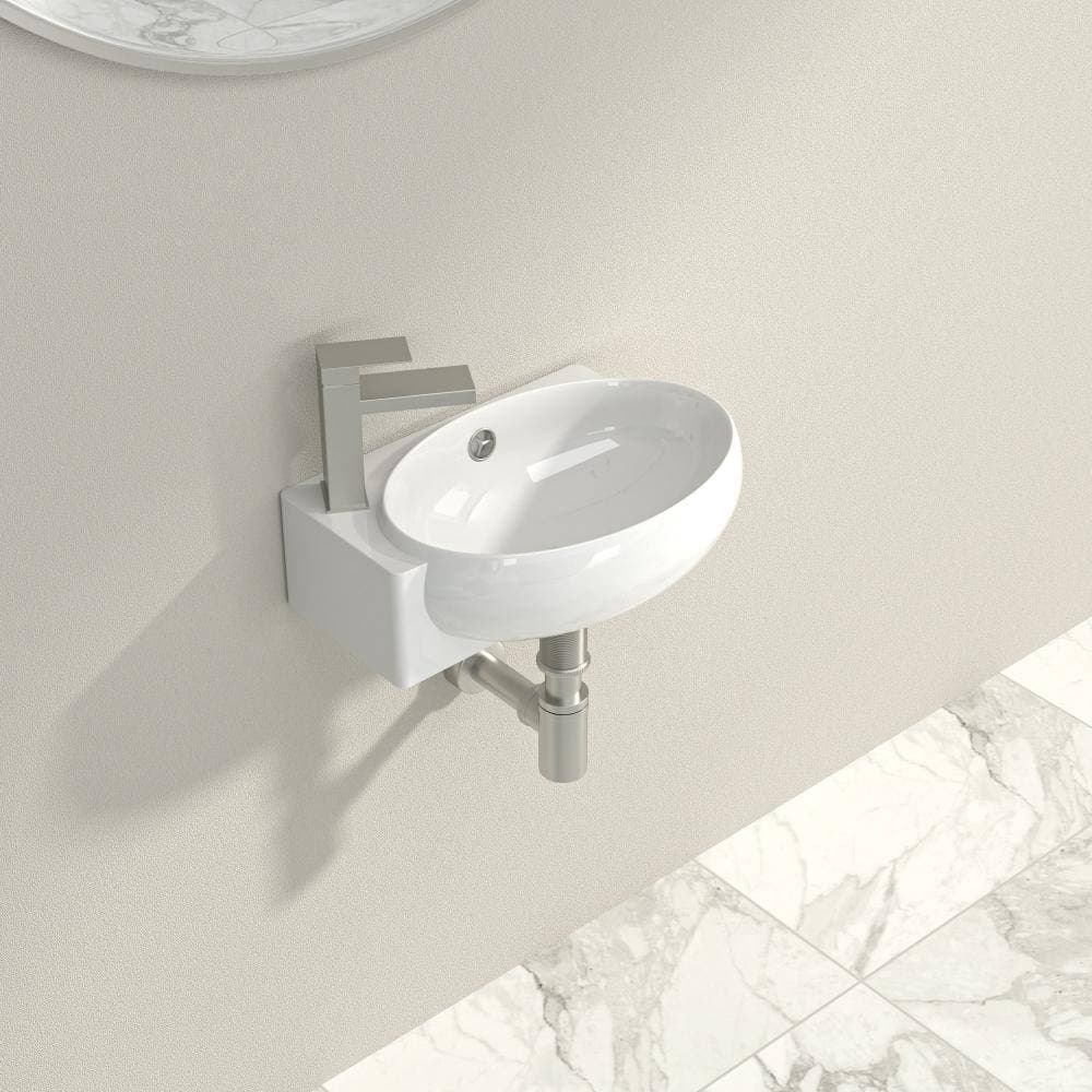 Kichae 16.5 x 11 Inch Round White Ceramic Wall Mounted Bathroom Sink with Pre-Drilled Overflow and Left Side Single Faucet Hole (3)
