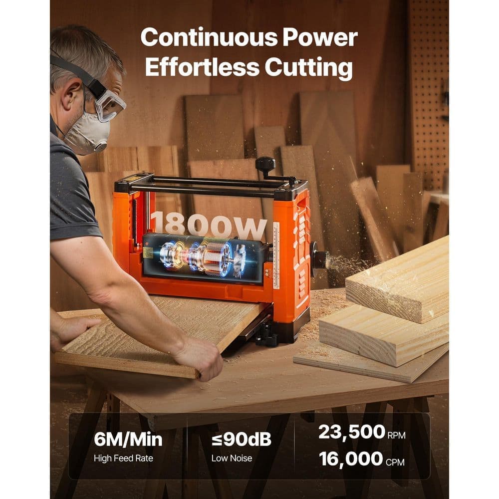 SKYSHALO Thickness Planer 2-Blade 13in. Benchtop 1800W 23500 RPM Dual Rollers Over Protection Single Speed for Hard and Soft Wood (2)