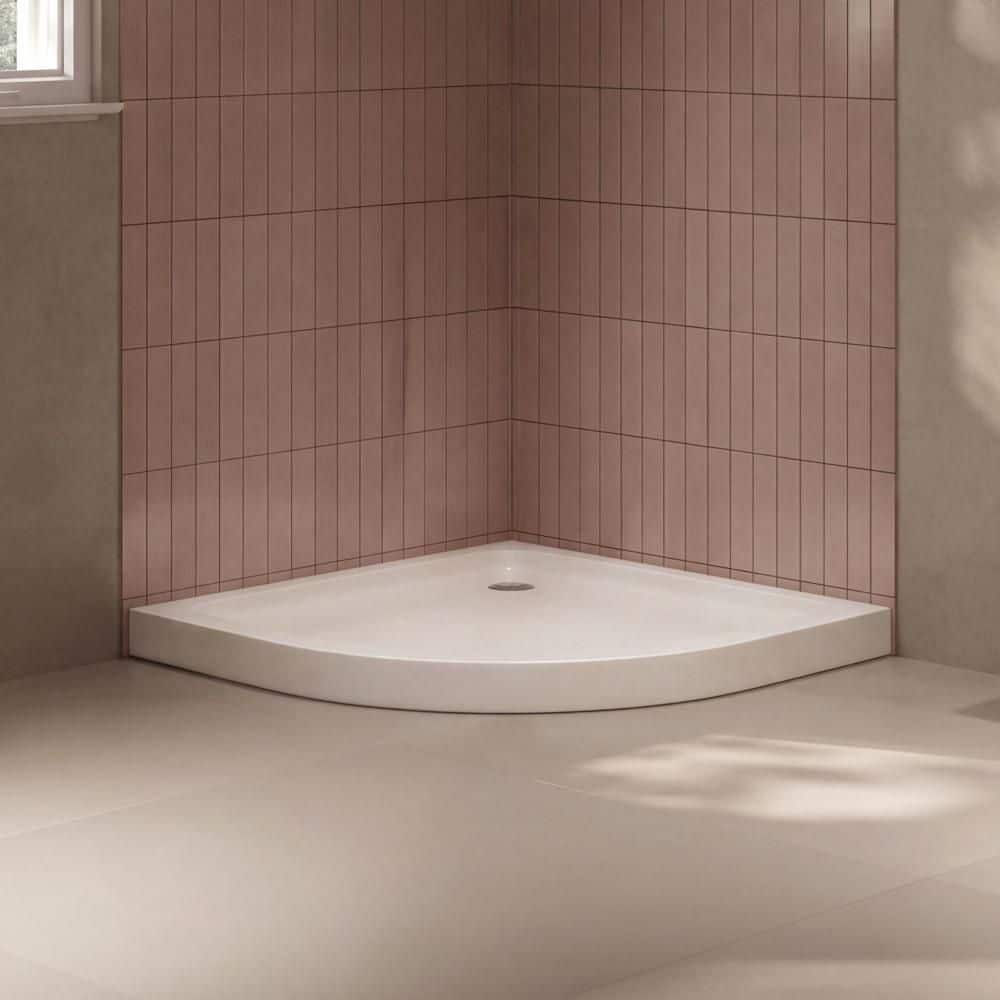 OVE Decors Breeze 36 in. L x 36 in. W Corner Round Acrylic Shower Pan Base with Corner Drain in White (1)