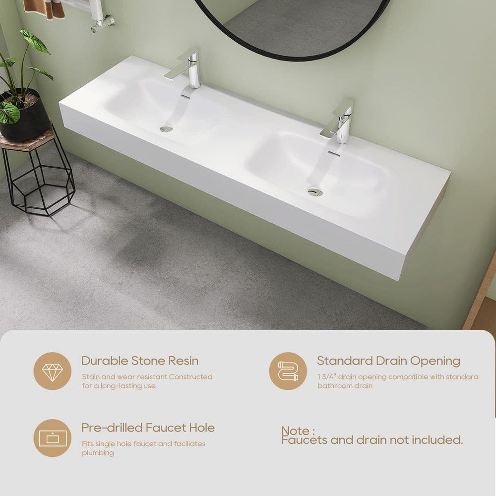 SJ STAR&JANE 59.5 in. Wall Mount Rectangle Vessel Sink, Solid Surface Bathroom Vessel Sink (2)