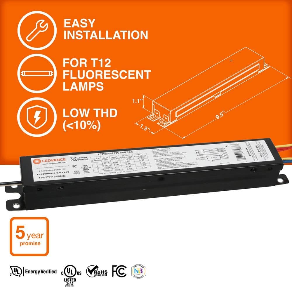 Sylvania 40-Watt 120-277 Multivolt 2-Lamp T12 High Efficiency Rapid Start Electronic Replacement Ballast (4)