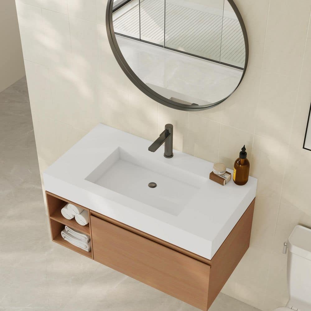 CASAINC 35 in. x 19 in. Wall-Mounted Solid Surface Bathroom Sink with 1-Hole in Matte White, Modern Integrated Vanity Top Design (3)