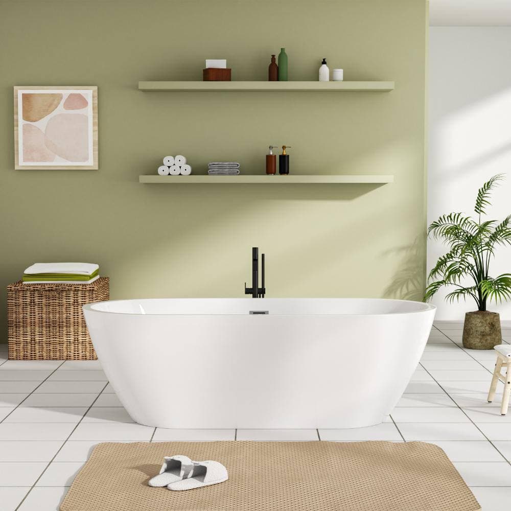 Kichae 66.93 in. x 29.53 in. Oval Freestanding Acrylic Bathtub White Contemporary Soaking Tub with Included Drain and Overflow (2)