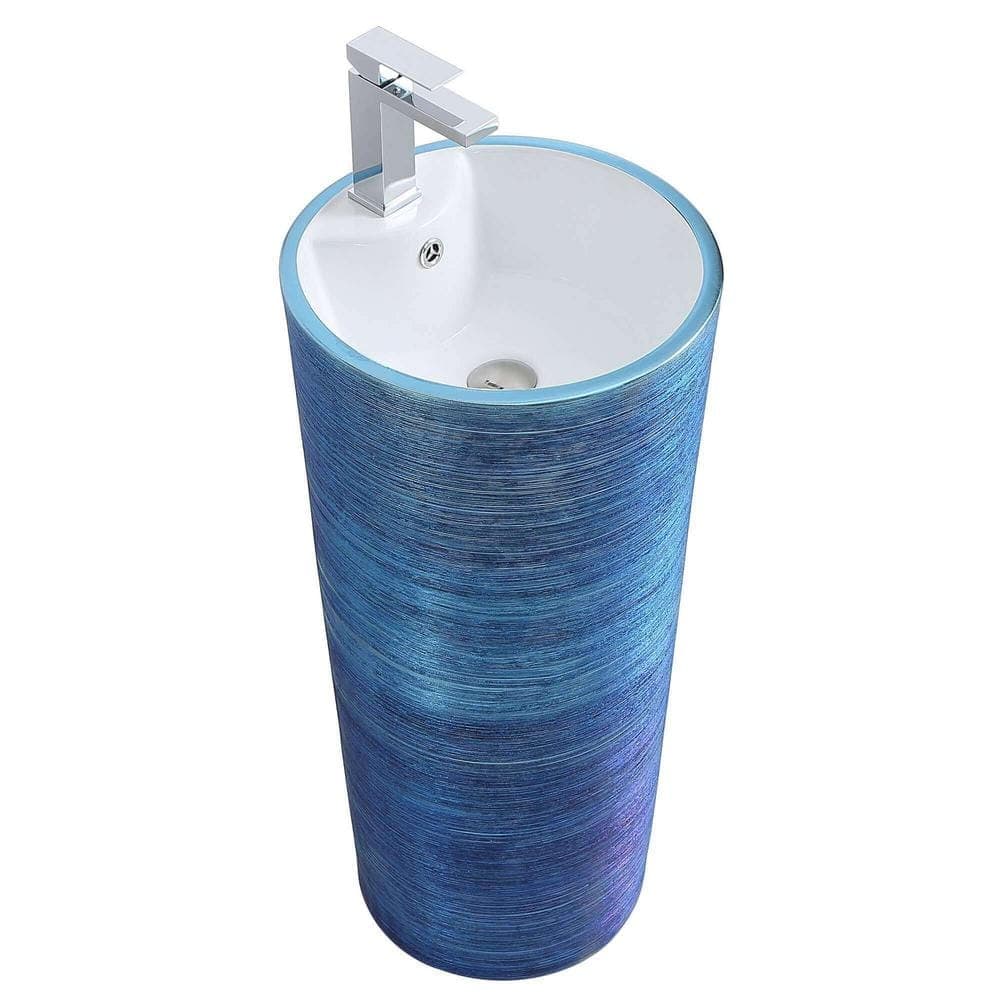 FINE FIXTURES Vannes 15.34 in. W x 15.34 in. L Luxury Ceramic Round Pedestal Sink and Basin in Brushed Blue (1)