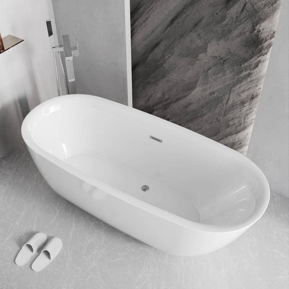 ANZZI Vite 60 in. L 30 in. W Flat Bottom Acrylic Oval Freestanding Center Drain Soaking Bathtub