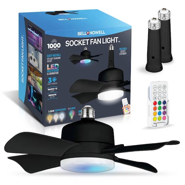 Bell + Howell 15.7 in. Indoor Matte Black Ceiling Fan with Remote, RGB CCT LED Light, Socket