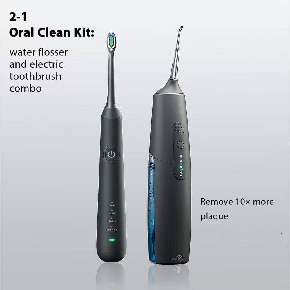 Wudkey 1-Piece Bathroom Accessory Set in Black, 2-1 Oral Clean Kit, Water Dental Flosser and Electric Toothbrush Combo (2)