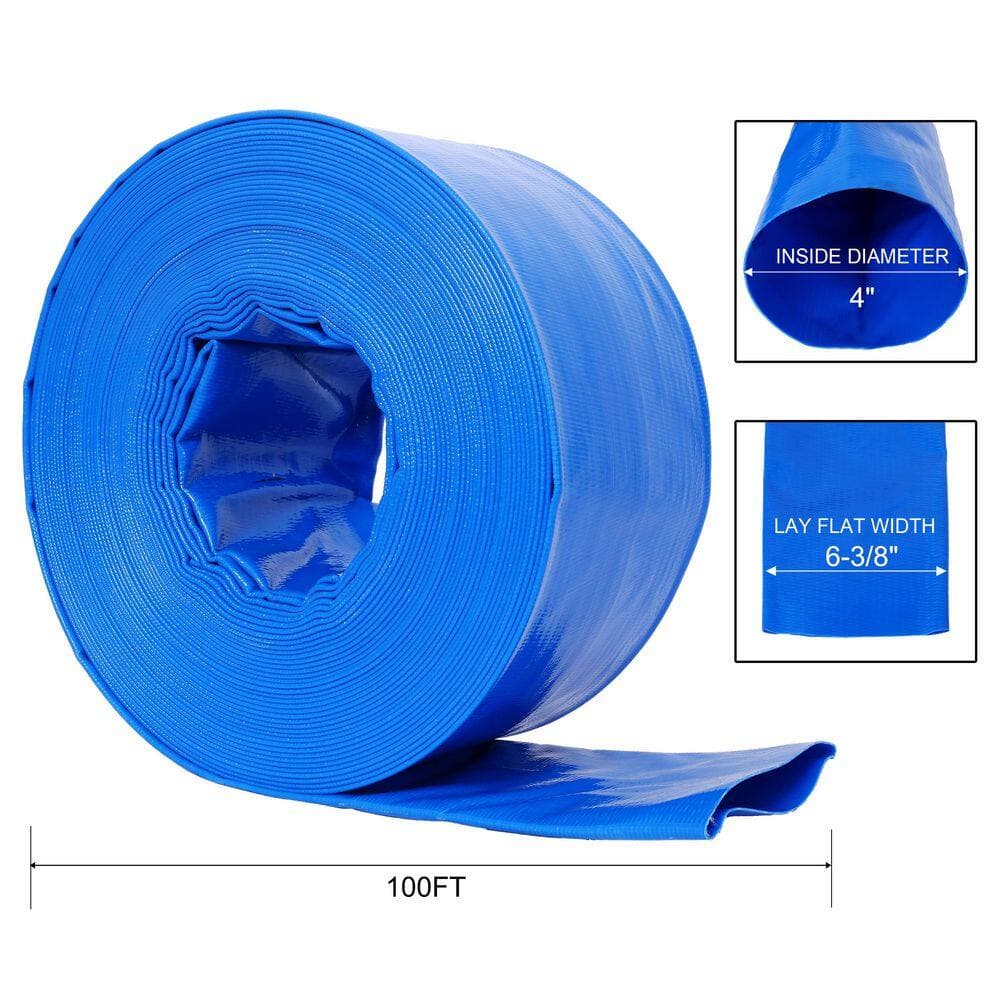 cadeninc Backwash Hose 4 in. x 100 ft. Heavy Duty Blue PVC Lay Flat Water Discharge Pump Hose with 2 Clamp for Pool Filter Pump (2)