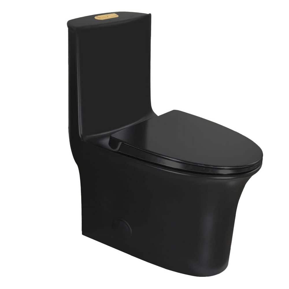 Yingze Standard Height One-Piece 1.1/1.6 GPF Dual Flush Elongated Toilet in Matte Black with Glossy Gold Push Button
