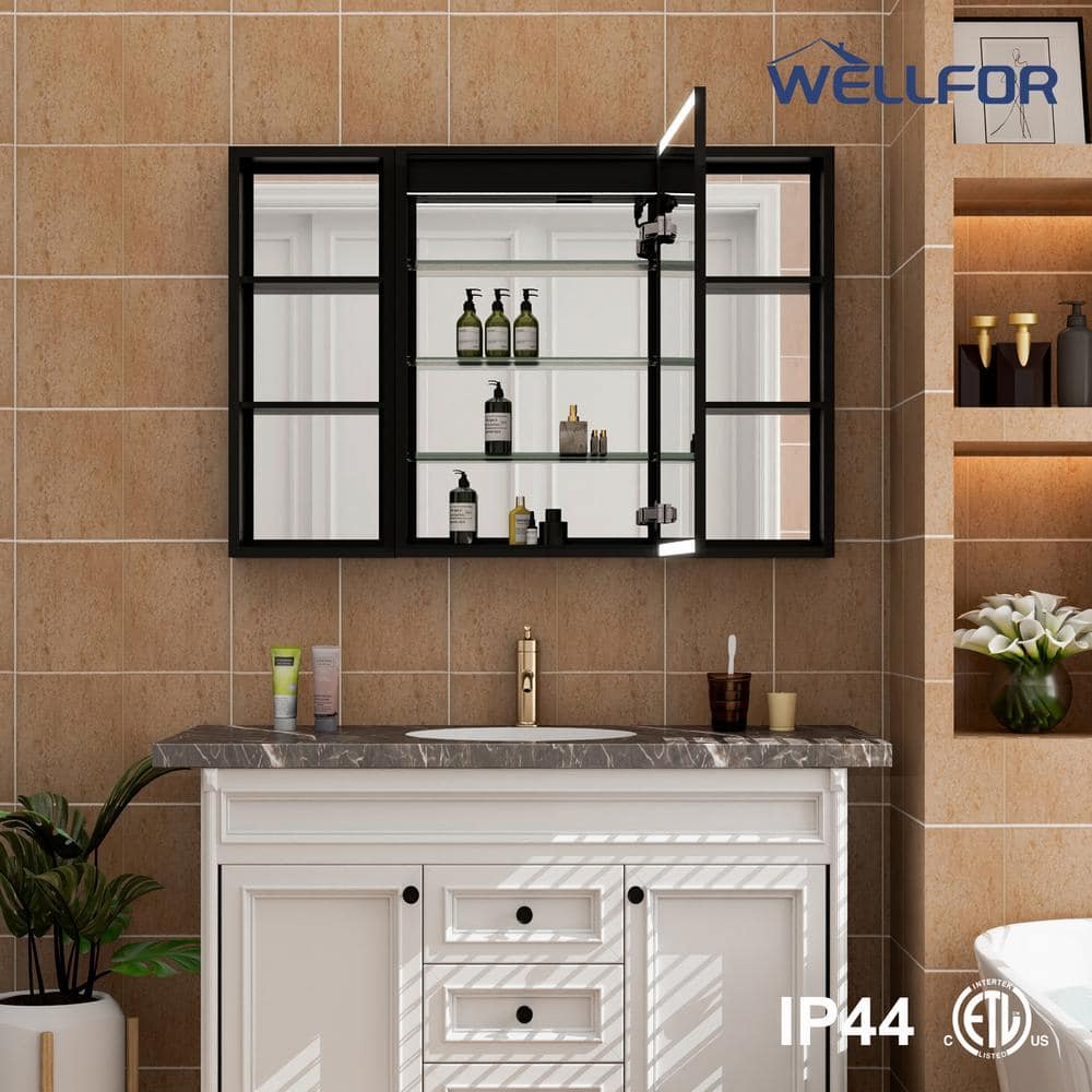 WELLFOR 44 in. W x 30 in. H Rectangular Black Framed Aluminum Combo Medicine Cabinet with Mirror and LED Light, Recessed/Surface