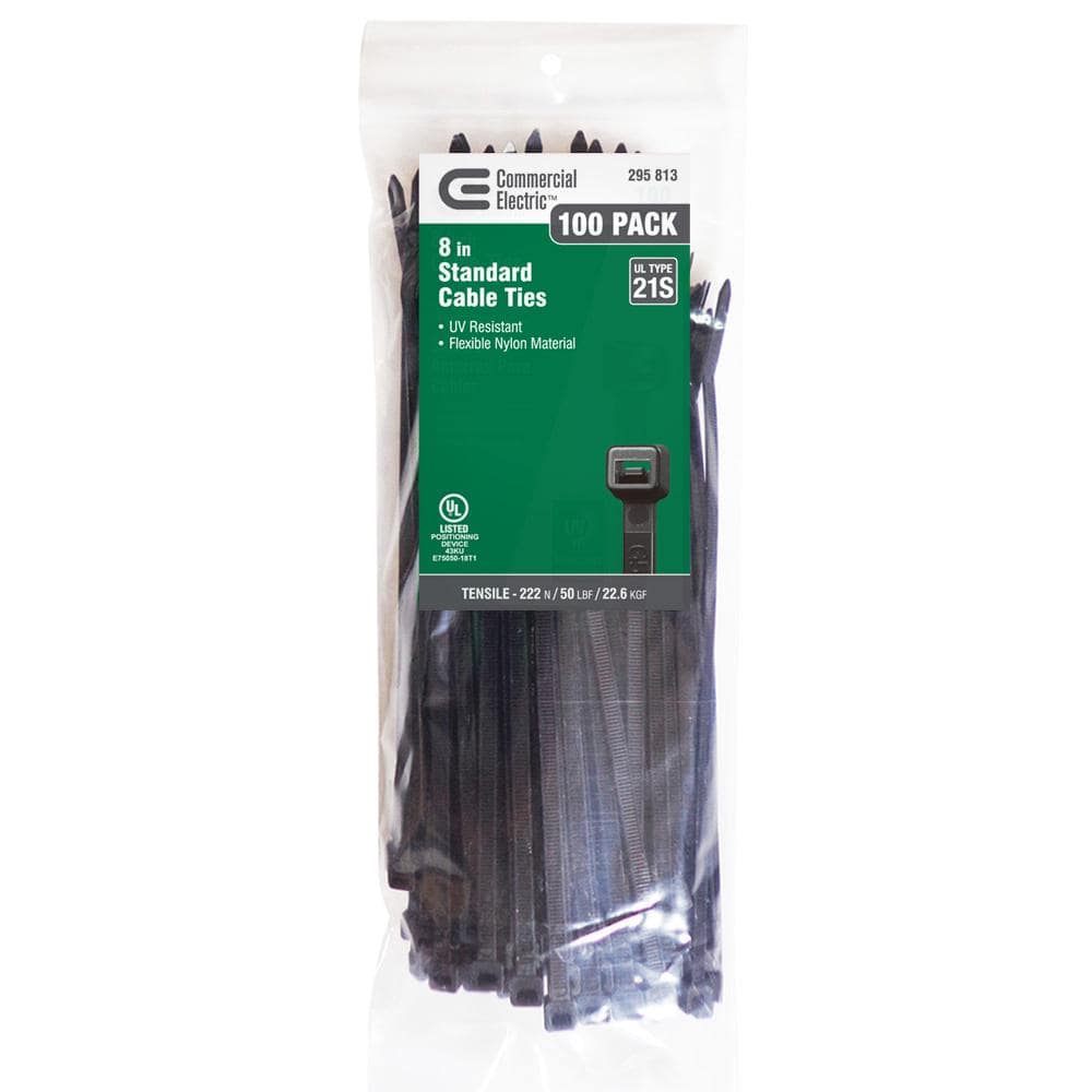 Commercial Electric 8in Standard 50lb Tensile Strength UL 21S Rated Cable Zip Ties 100 Pack UV (Black)