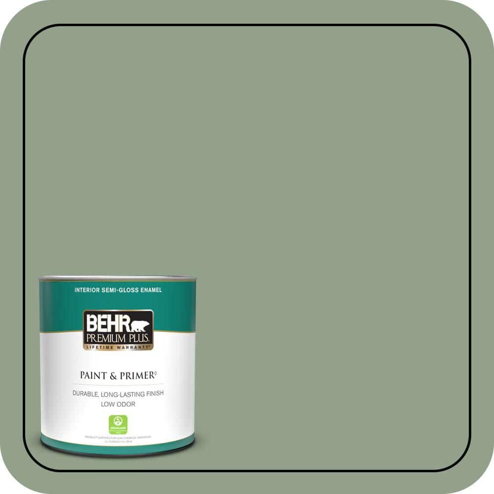 BEHR PREMIUM PLUS 1 qt. #440F-4 Athenian Green Semi-Gloss Enamel Low Odor Interior Paint & Primer