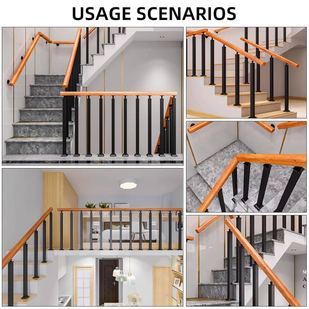 Afoxsos 37.75 in. H x 7.5 in. W Black Wrought Iron Adjustable Stair Railing Kit for Indoor Outdoor Decor (3)